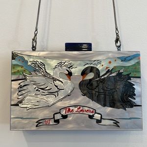 RARE Anthropologie Lucite Tarot Box Clutch THE LOVERS White Black Swan Feathers